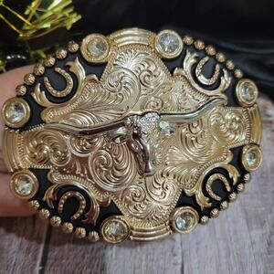 Longhorn Cowboy Belt Buckle Western Hebilla Rodeo Rosetone And Rhinestones